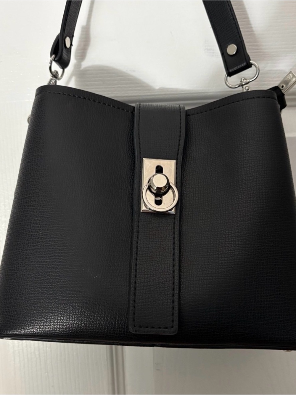 Black Leather-Look Shoulder Bag with Silver Hardware